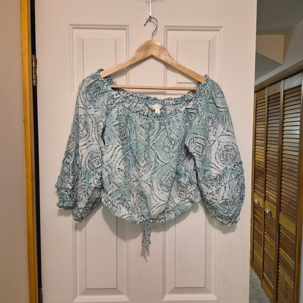 LC Lauren Conrad Womens L Mint Green Paisley Off Shoulder Ruffle Sleeve Blouse